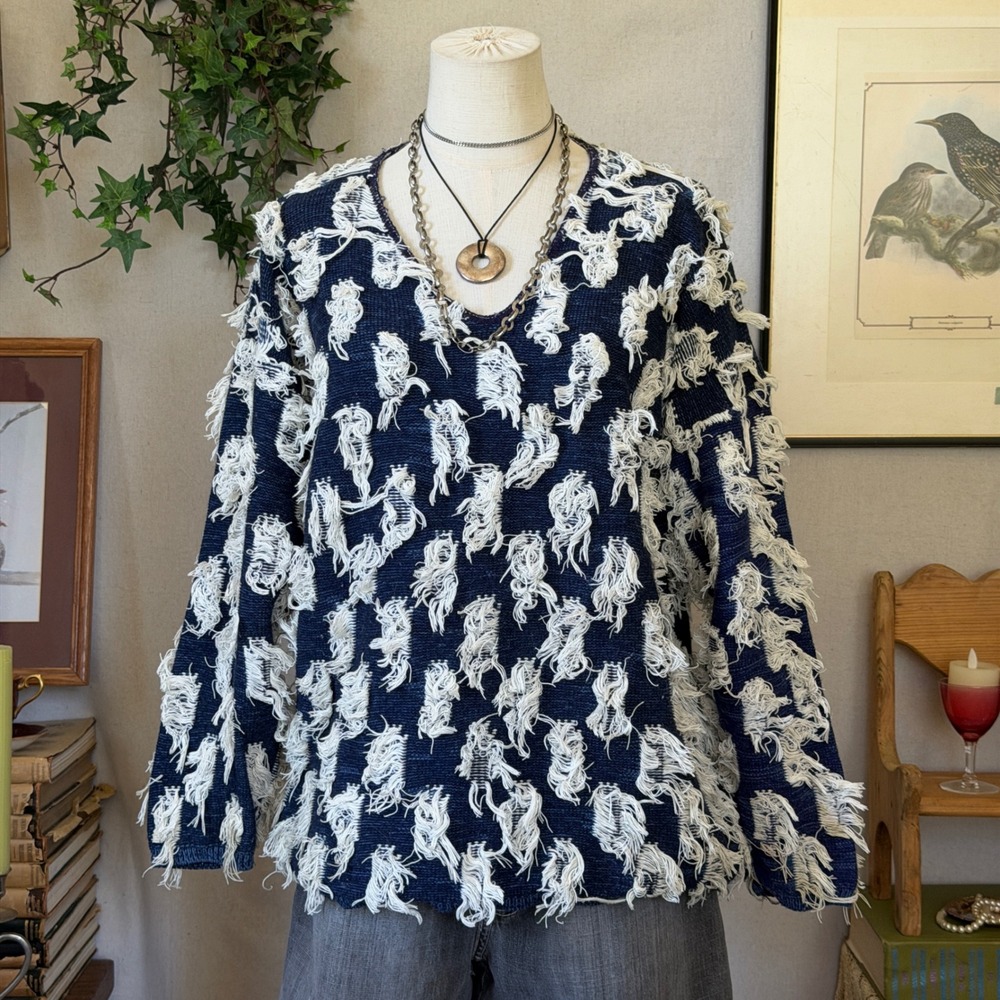 Blue Shaggy Fringe Knit Sweater Funky Grunge Vintage 90s Large V-Neck Blue